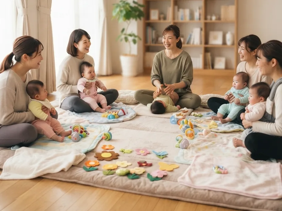 広い部屋にマットを敷いて、赤ちゃんと一緒に円になって話すママたちと助産師